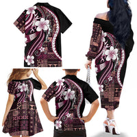 Samoa Siapo Tribal Pattern Family Matching Off The Shoulder Long Sleeve Dress and Hawaiian Shirt Violet Polynesian Plumeria Tapa Motif