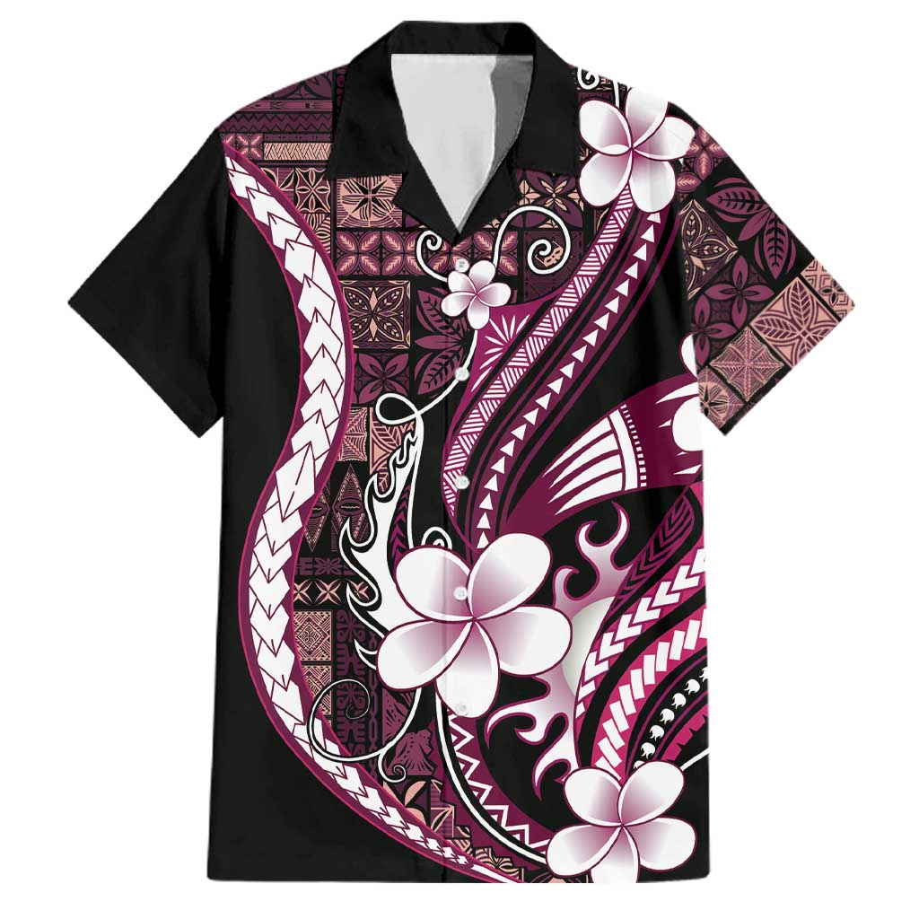 Samoa Siapo Tribal Pattern Family Matching Off The Shoulder Long Sleeve Dress and Hawaiian Shirt Violet Polynesian Plumeria Tapa Motif