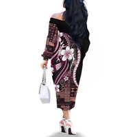 Samoa Siapo Tribal Pattern Family Matching Off The Shoulder Long Sleeve Dress and Hawaiian Shirt Violet Polynesian Plumeria Tapa Motif
