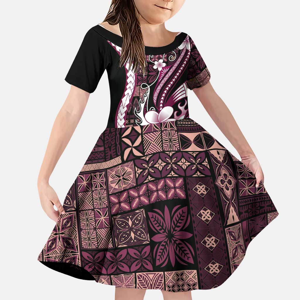 Samoa Siapo Tribal Pattern Family Matching Off Shoulder Maxi Dress and Hawaiian Shirt Violet Polynesian Plumeria Tapa Motif