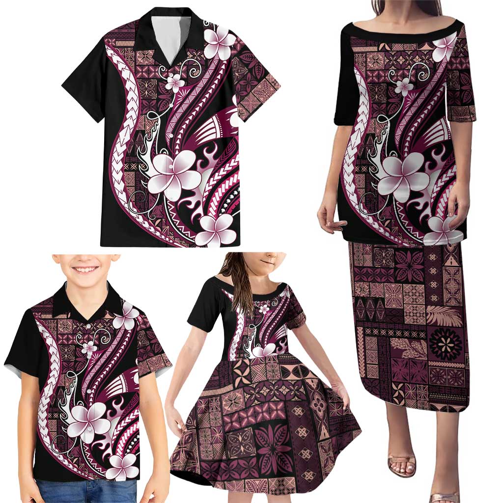 Samoa Siapo Tribal Pattern Family Matching Puletasi and Hawaiian Shirt Violet Polynesian Plumeria Tapa Motif LT9 - Polynesian Pride