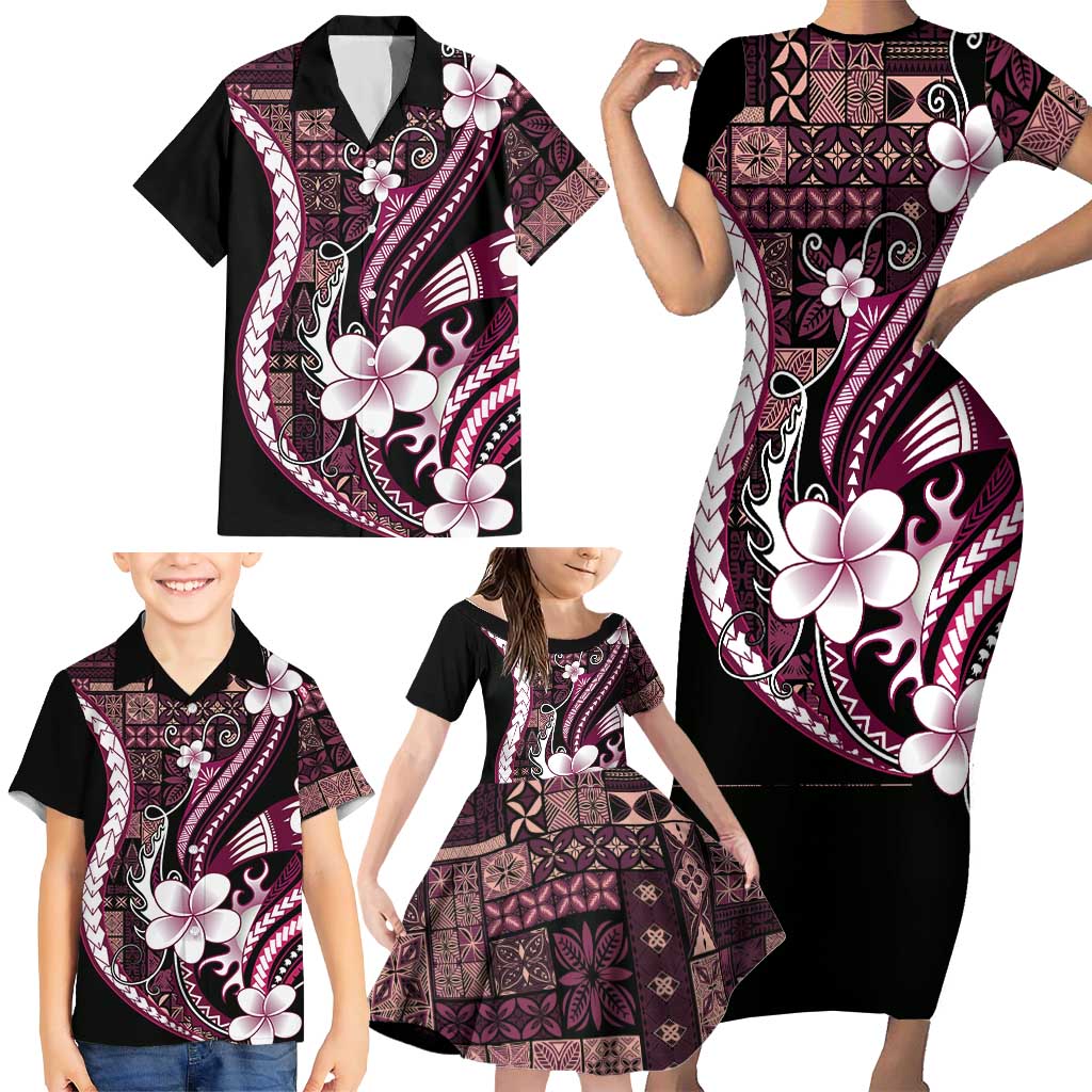 Samoa Siapo Tribal Pattern Family Matching Short Sleeve Bodycon Dress and Hawaiian Shirt Violet Polynesian Plumeria Tapa Motif LT9 - Polynesian Pride