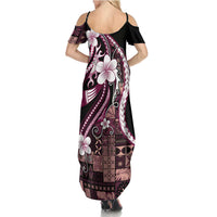 Samoa Siapo Tribal Pattern Family Matching Summer Maxi Dress and Hawaiian Shirt Violet Polynesian Plumeria Tapa Motif