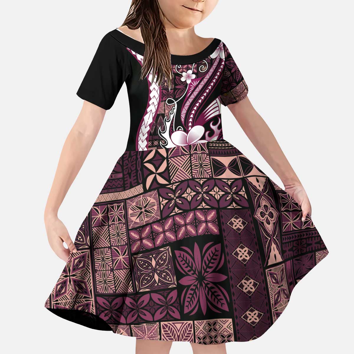 Samoa Siapo Tribal Pattern Kid Short Sleeve Dress Violet Polynesian Plumeria Tapa Motif