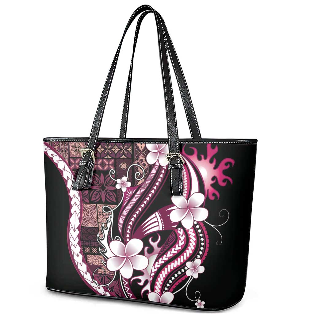 Samoa Siapo Tribal Pattern Leather Tote Bag Violet Polynesian Plumeria Tapa Motif