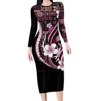 Samoa Siapo Tribal Pattern Long Sleeve Bodycon Dress Violet Polynesian Plumeria Tapa Motif