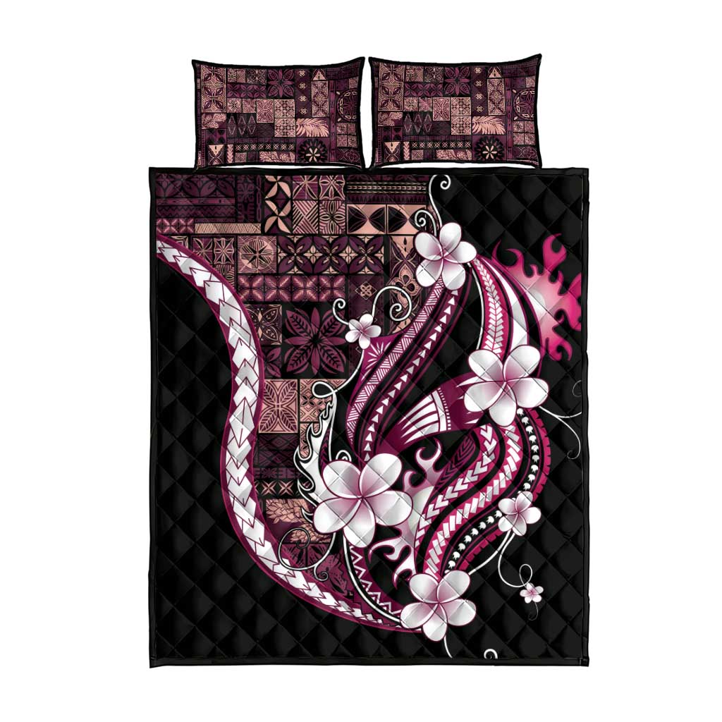Samoa Siapo Tribal Pattern Quilt Bed Set Violet Polynesian Plumeria Tapa Motif