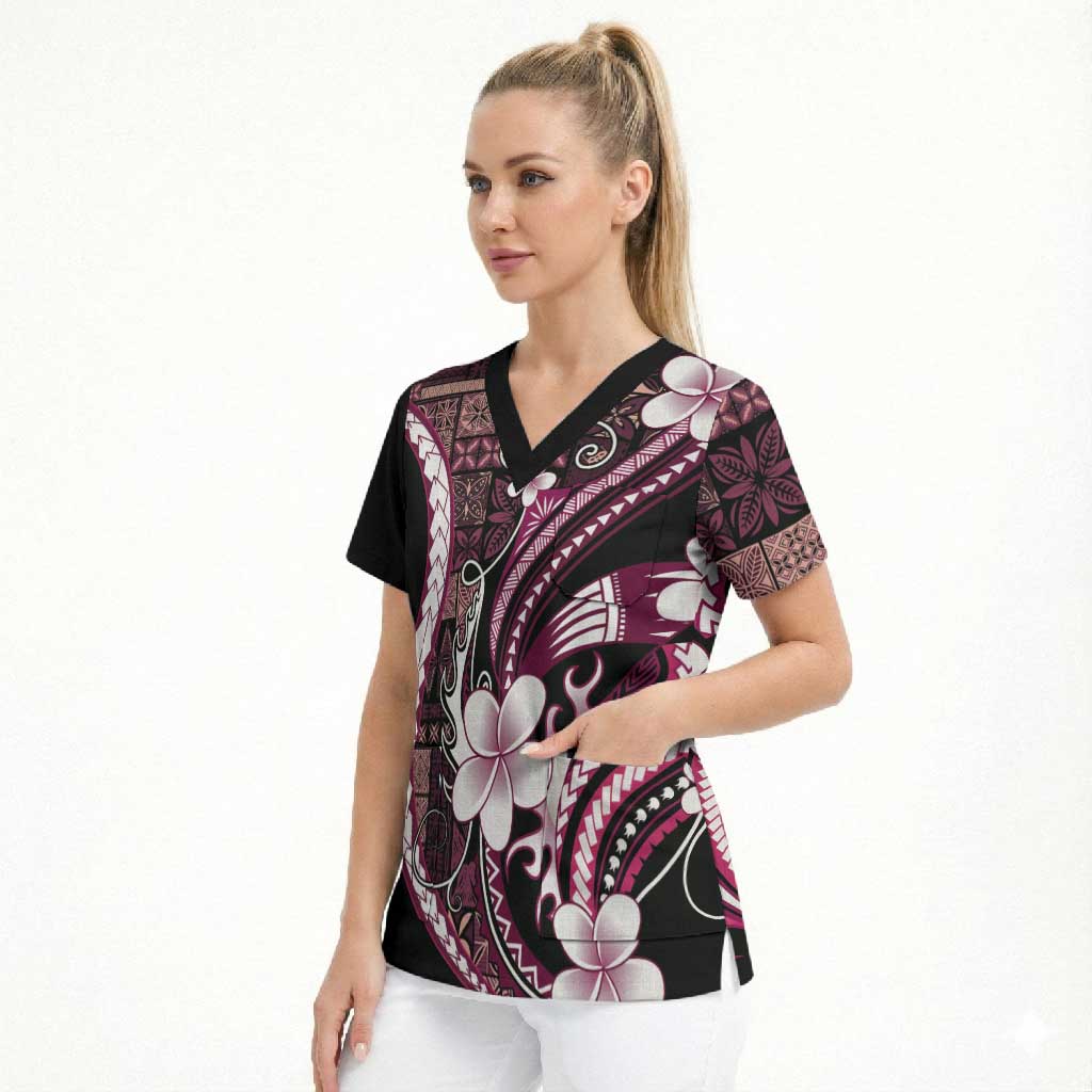 Samoa Siapo Tribal Pattern Scrub Top Violet Polynesian Plumeria Tapa Motif