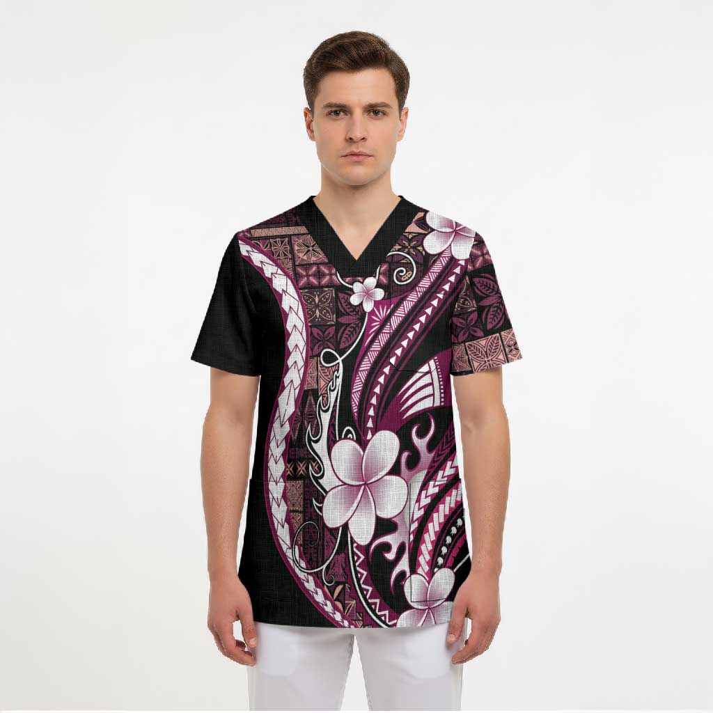 Samoa Siapo Tribal Pattern Scrub Top Violet Polynesian Plumeria Tapa Motif