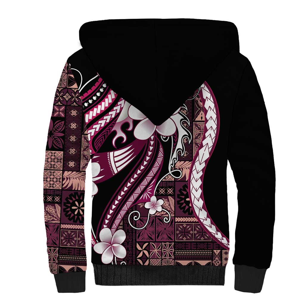 Samoa Siapo Tribal Pattern Sherpa Hoodie Violet Polynesian Plumeria Tapa Motif
