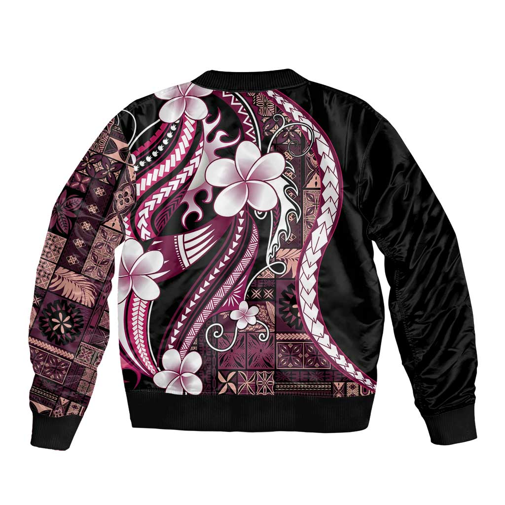 Samoa Siapo Tribal Pattern Sleeve Zip Bomber Jacket Violet Polynesian Plumeria Tapa Motif