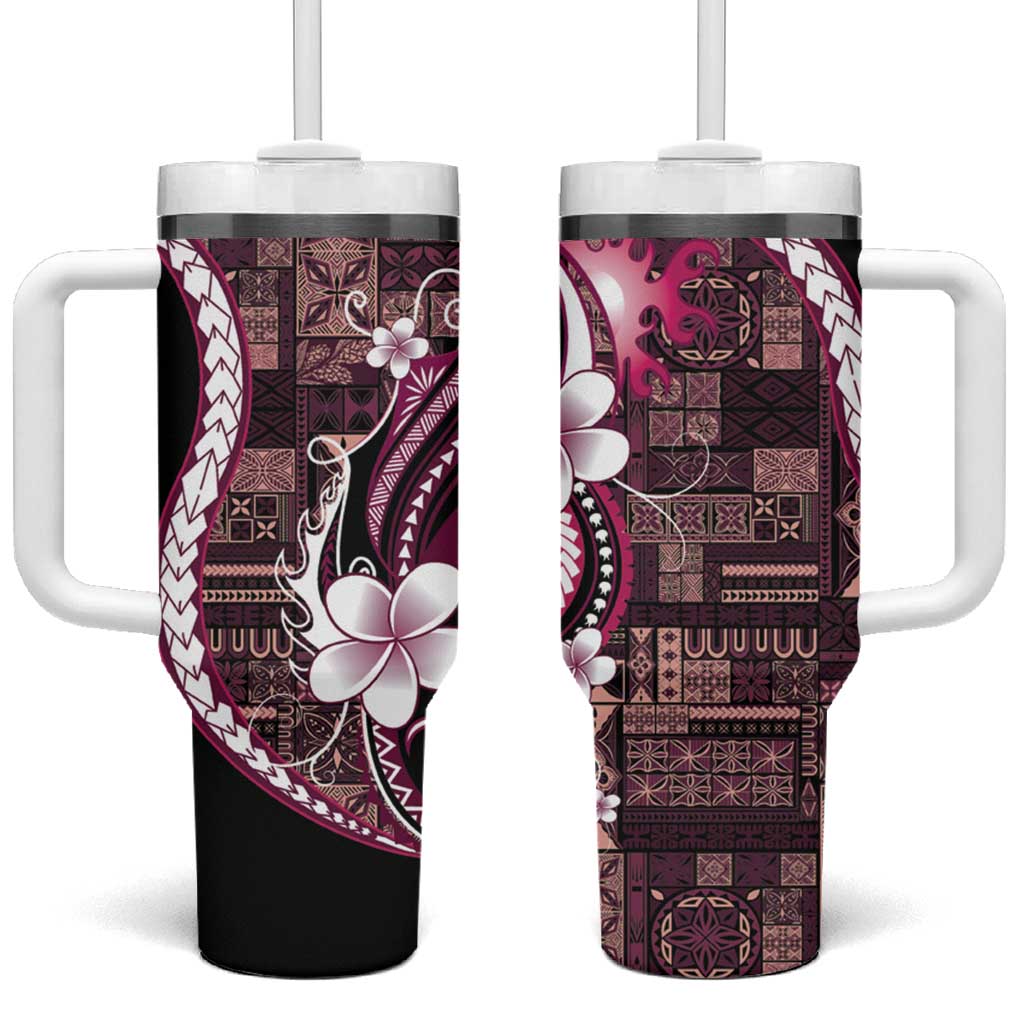 Samoa Siapo Tribal Pattern Tumbler With Handle Violet Polynesian Plumeria Tapa Motif