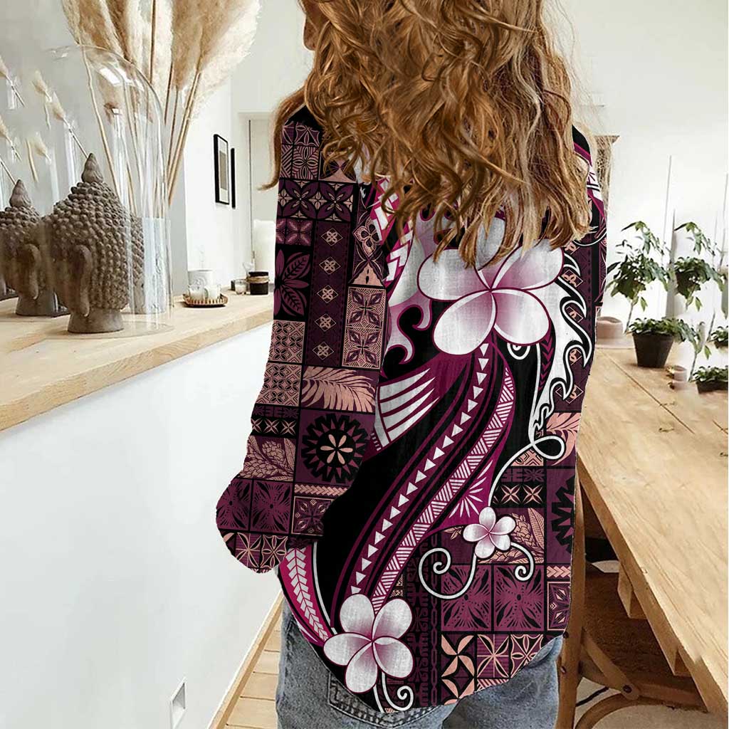 Samoa Siapo Tribal Pattern Women Casual Shirt Violet Polynesian Plumeria Tapa Motif