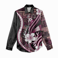 Samoa Siapo Tribal Pattern Women Casual Shirt Violet Polynesian Plumeria Tapa Motif