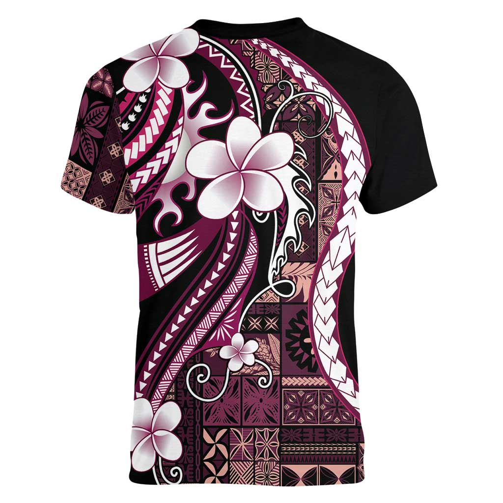 Samoa Siapo Tribal Pattern Women V-Neck T-Shirt Violet Polynesian Plumeria Tapa Motif LT9 - Polynesian Pride
