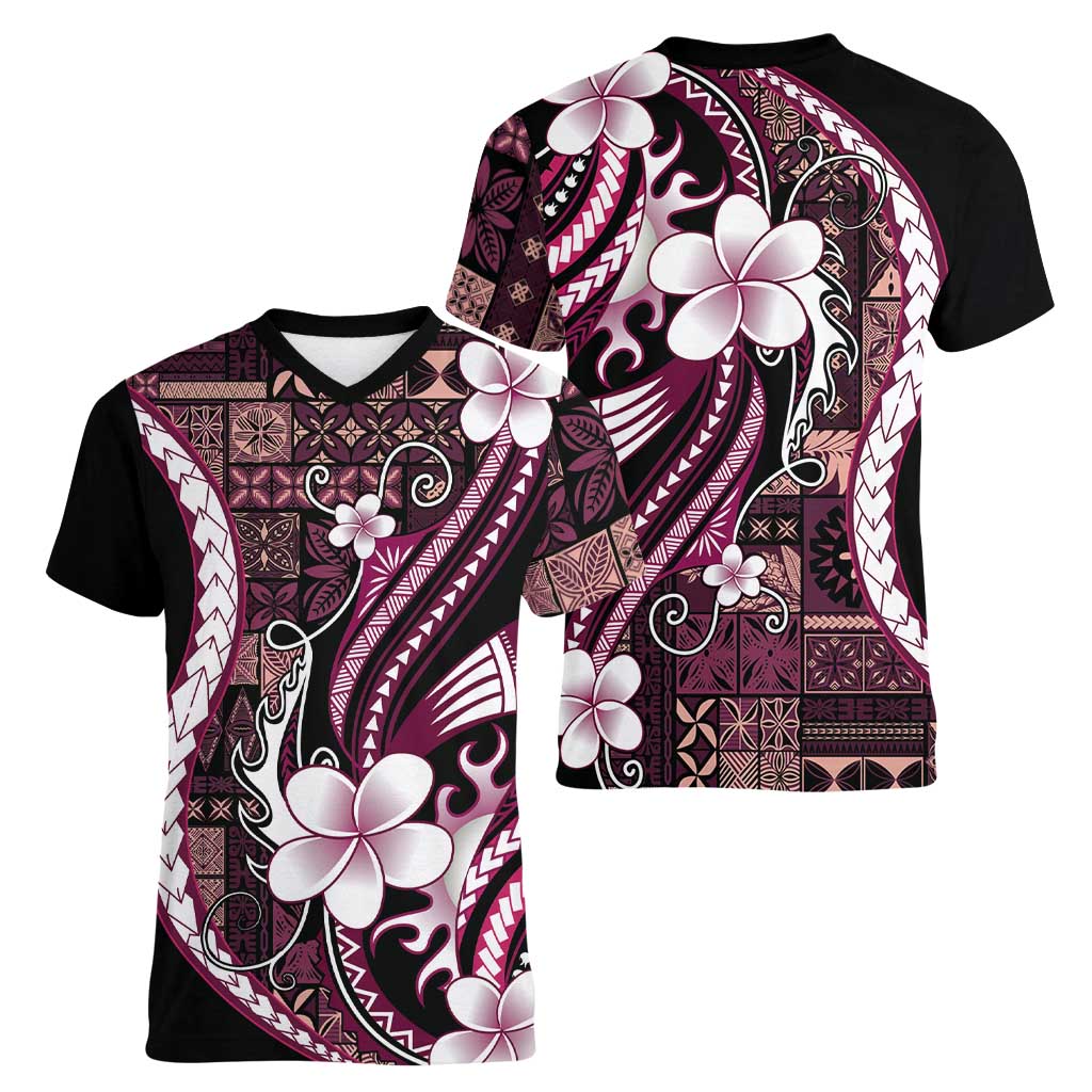Samoa Siapo Tribal Pattern Women V-Neck T-Shirt Violet Polynesian Plumeria Tapa Motif LT9 - Polynesian Pride