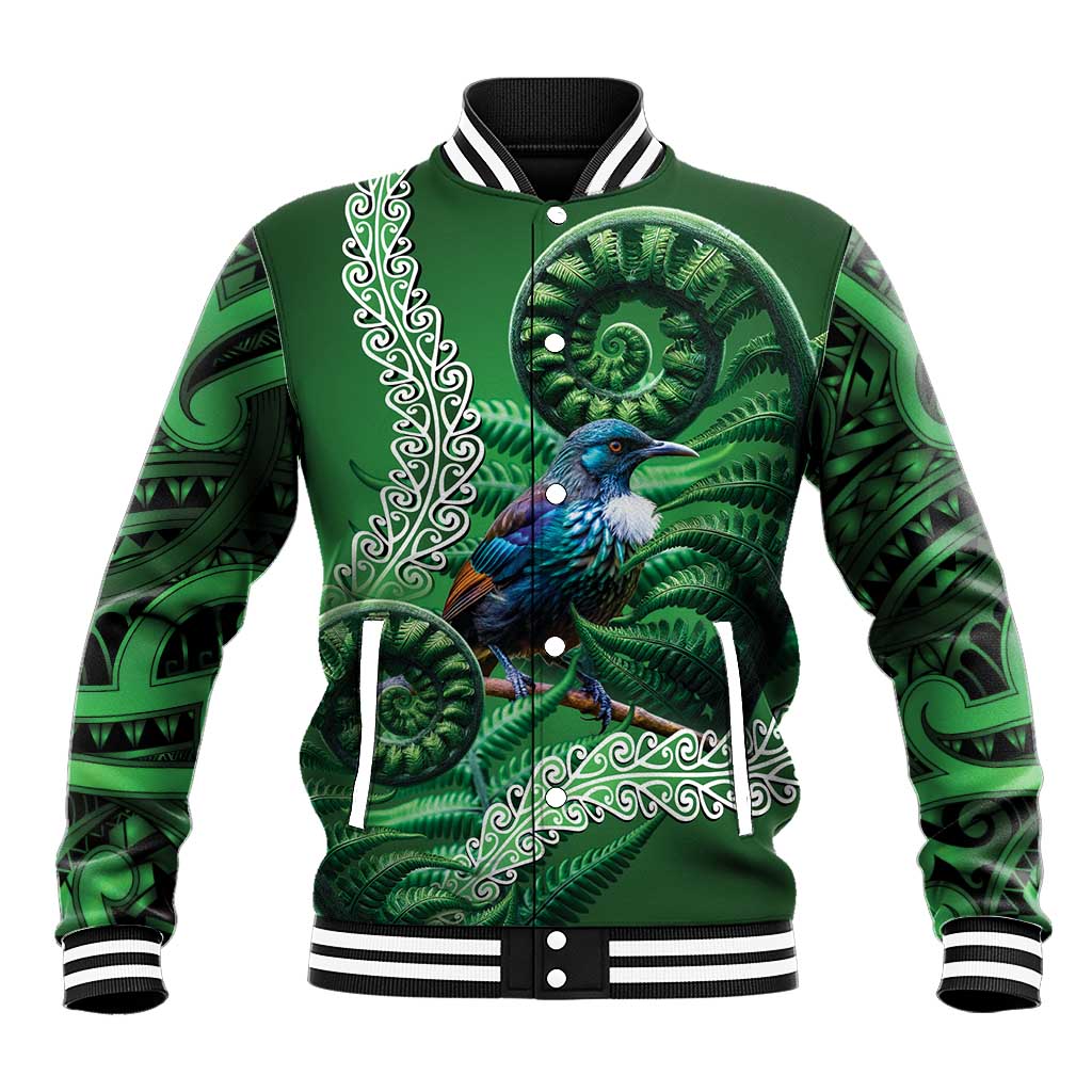 Tui Bird Koru Silver Fern Aotearoa Baseball Jacket LT9 Unisex Green - Polynesian Pride