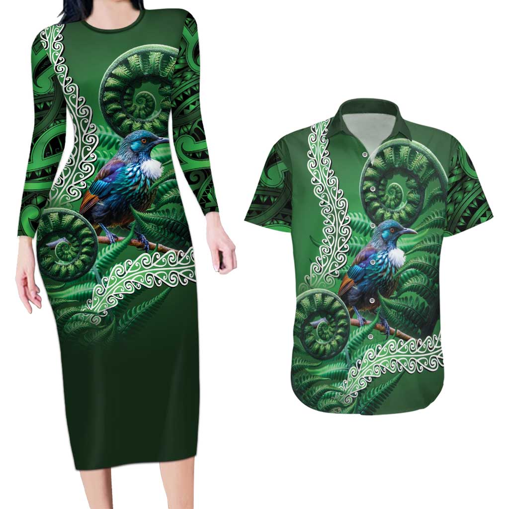 Tui Bird Koru Silver Fern Aotearoa Couples Matching Long Sleeve Bodycon Dress and Hawaiian Shirt LT9 Green - Polynesian Pride
