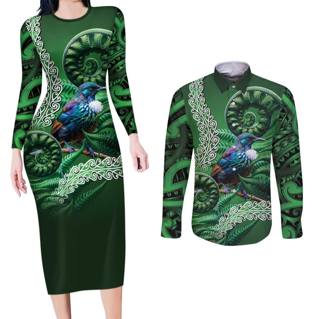 Tui Bird Koru Silver Fern Aotearoa Couples Matching Long Sleeve Bodycon Dress and Long Sleeve Button Shirt LT9 Green - Polynesian Pride