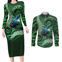 Tui Bird Koru Silver Fern Aotearoa Couples Matching Long Sleeve Bodycon Dress and Long Sleeve Button Shirt LT9 Green - Polynesian Pride