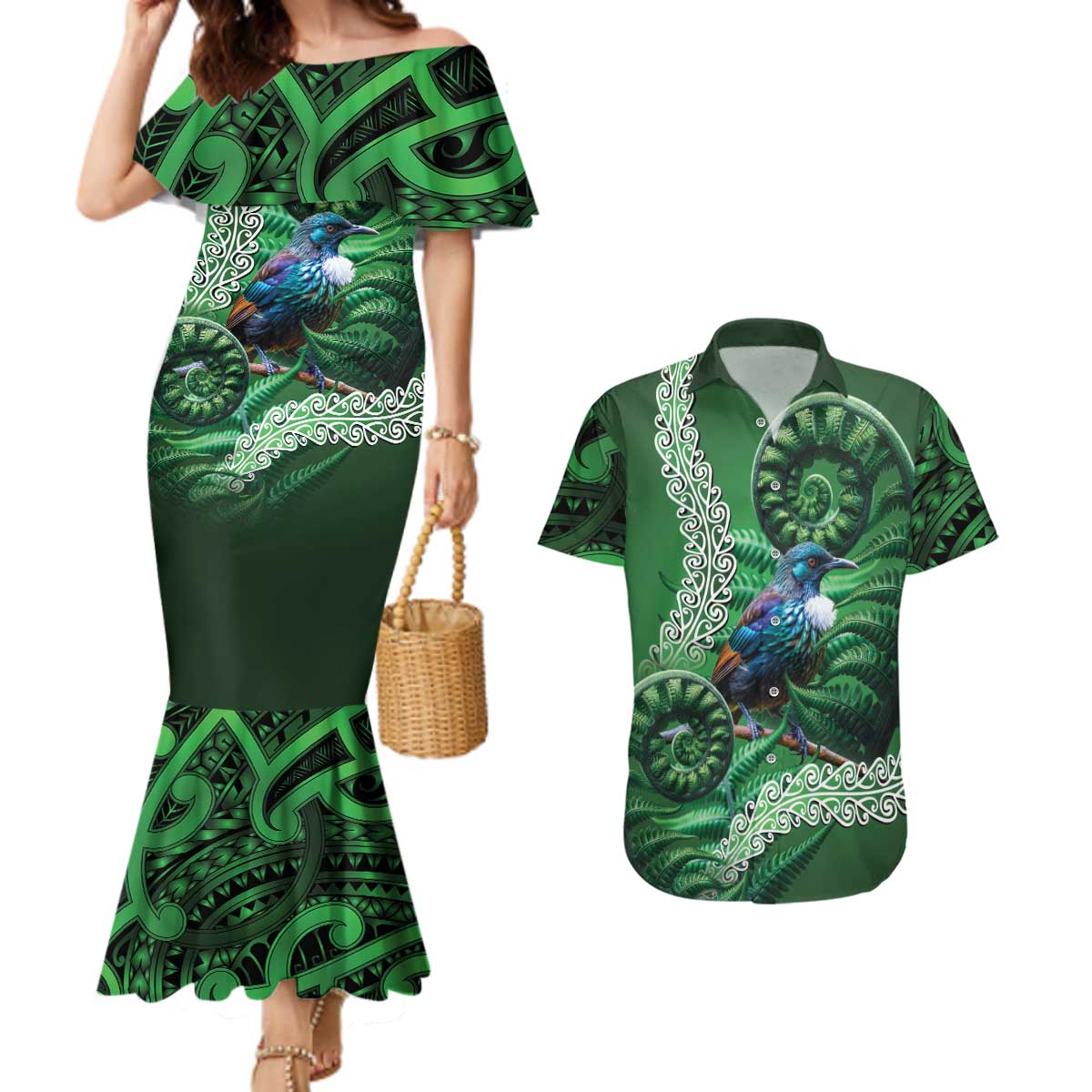 Tui Bird Koru Silver Fern Aotearoa Couples Matching Mermaid Dress and Hawaiian Shirt LT9 Green - Polynesian Pride