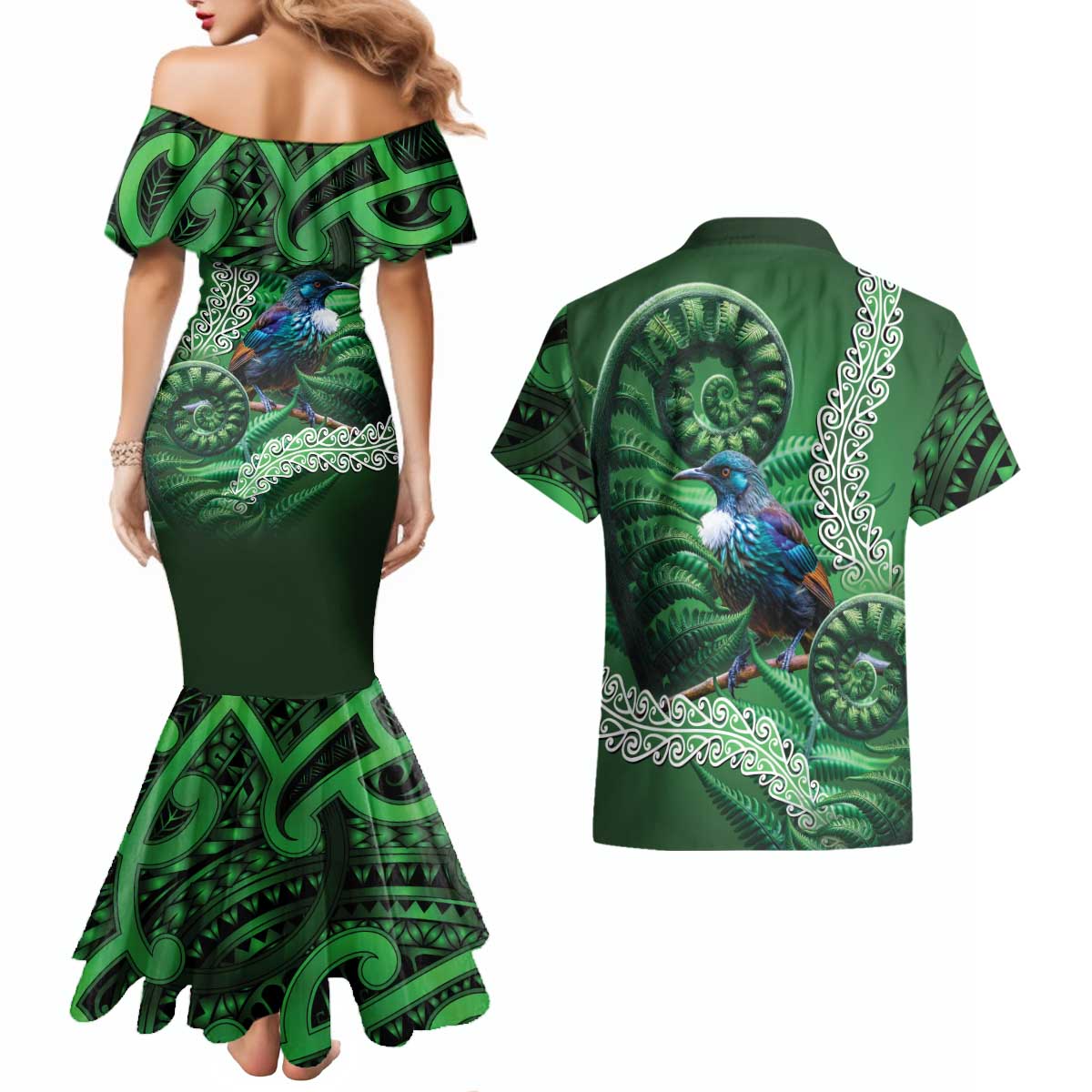 Tui Bird Koru Silver Fern Aotearoa Couples Matching Mermaid Dress and Hawaiian Shirt LT9 - Polynesian Pride