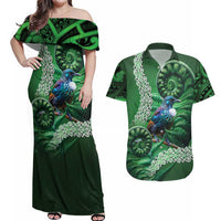 Tui Bird Koru Silver Fern Aotearoa Couples Matching Off Shoulder Maxi Dress and Hawaiian Shirt LT9 Green - Polynesian Pride