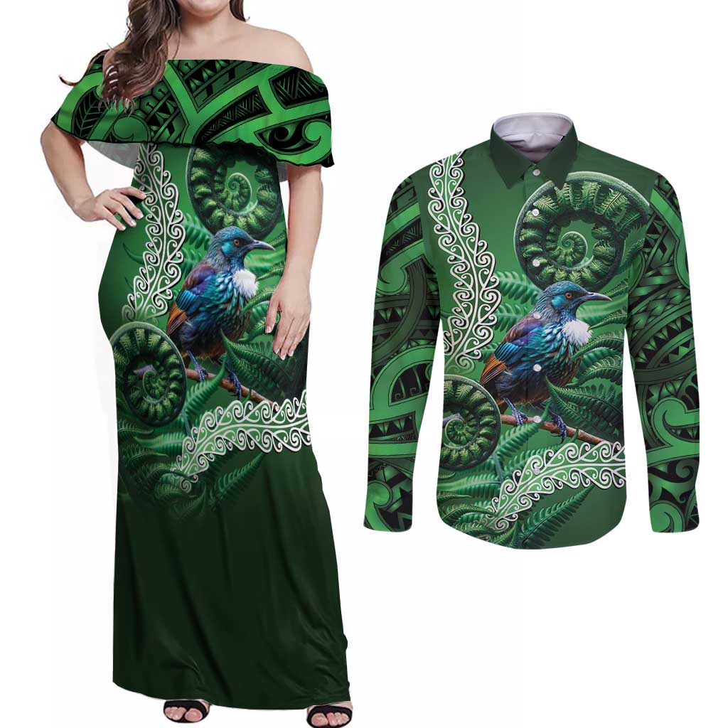 Tui Bird Koru Silver Fern Aotearoa Couples Matching Off Shoulder Maxi Dress and Long Sleeve Button Shirt LT9 Green - Polynesian Pride