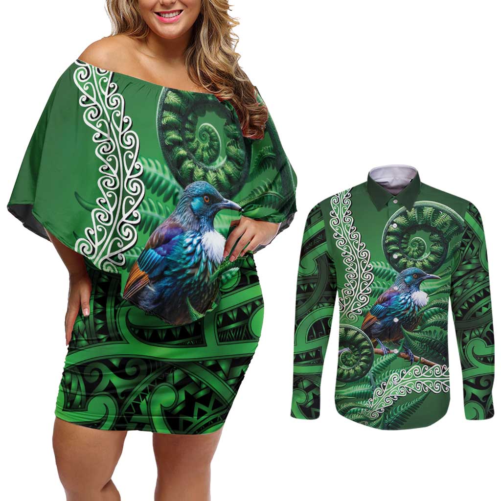 Tui Bird Koru Silver Fern Aotearoa Couples Matching Off Shoulder Short Dress and Long Sleeve Button Shirt LT9 Green - Polynesian Pride