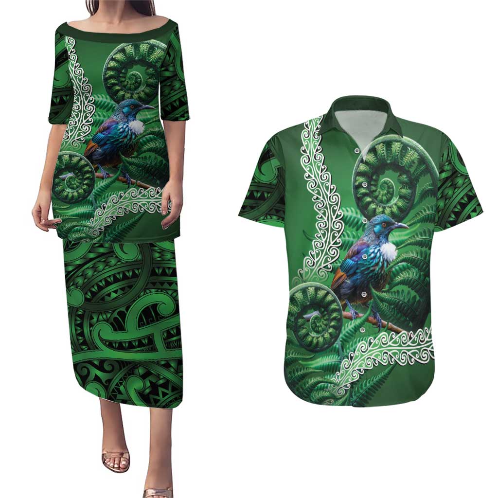 Tui Bird Koru Silver Fern Aotearoa Couples Matching Puletasi and Hawaiian Shirt LT9 Green - Polynesian Pride