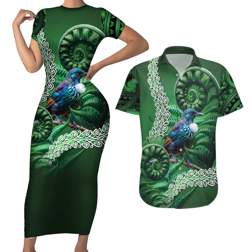 Tui Bird Koru Silver Fern Aotearoa Couples Matching Short Sleeve Bodycon Dress and Hawaiian Shirt LT9 Green - Polynesian Pride