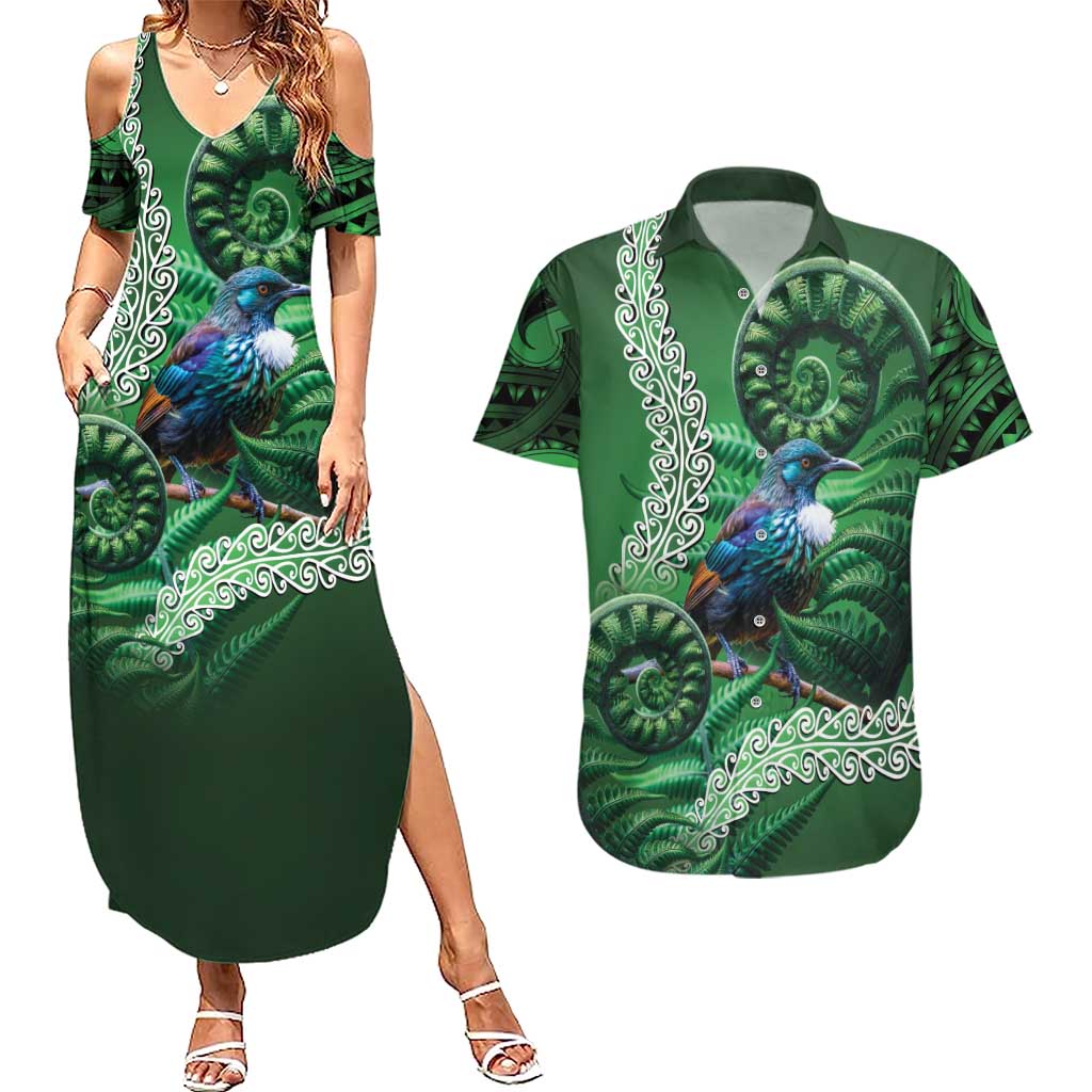 Tui Bird Koru Silver Fern Aotearoa Couples Matching Summer Maxi Dress and Hawaiian Shirt LT9 Green - Polynesian Pride