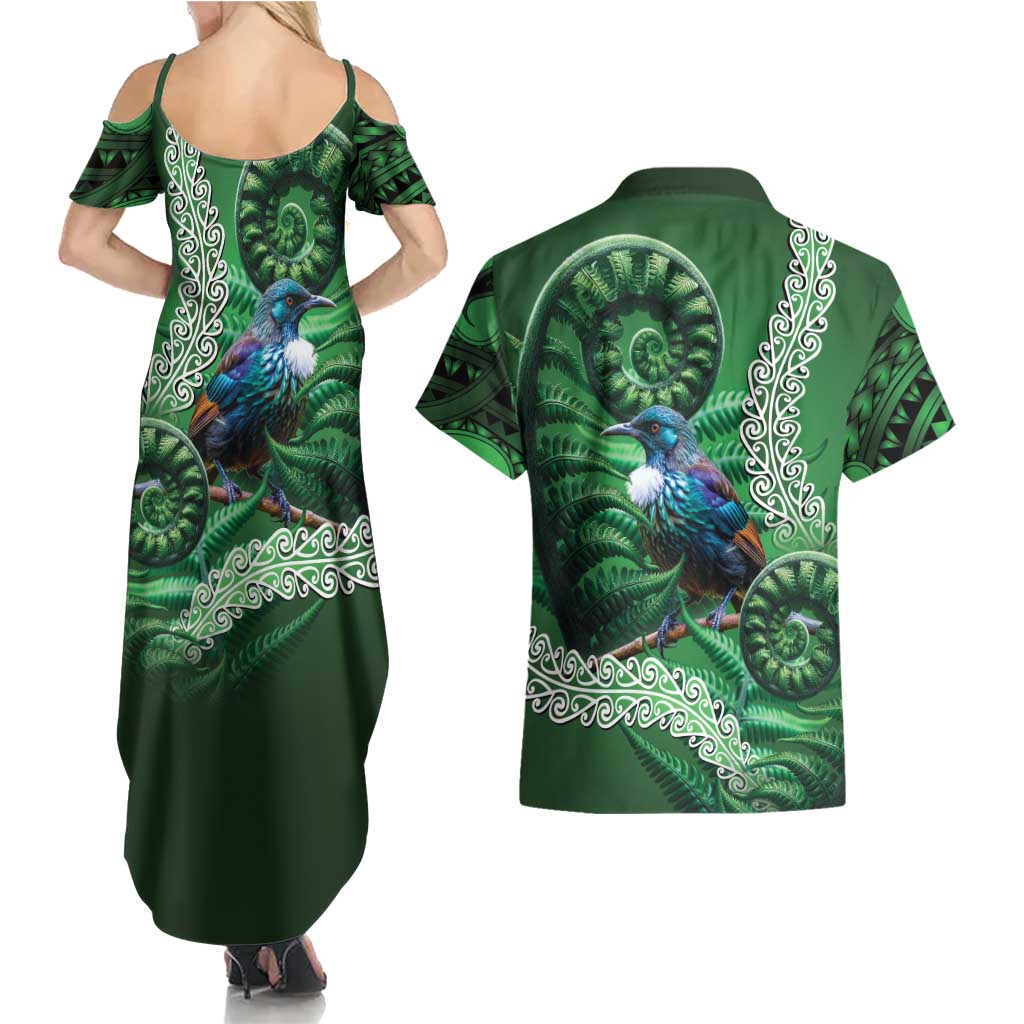 Tui Bird Koru Silver Fern Aotearoa Couples Matching Summer Maxi Dress and Hawaiian Shirt LT9 - Polynesian Pride