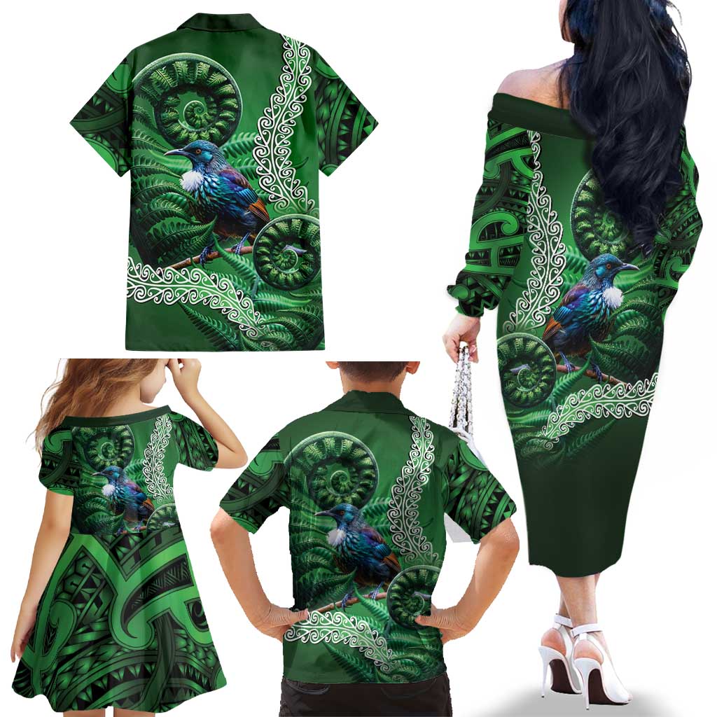 Tui Bird Koru Silver Fern Aotearoa Family Matching Off The Shoulder Long Sleeve Dress and Hawaiian Shirt LT9 - Polynesian Pride
