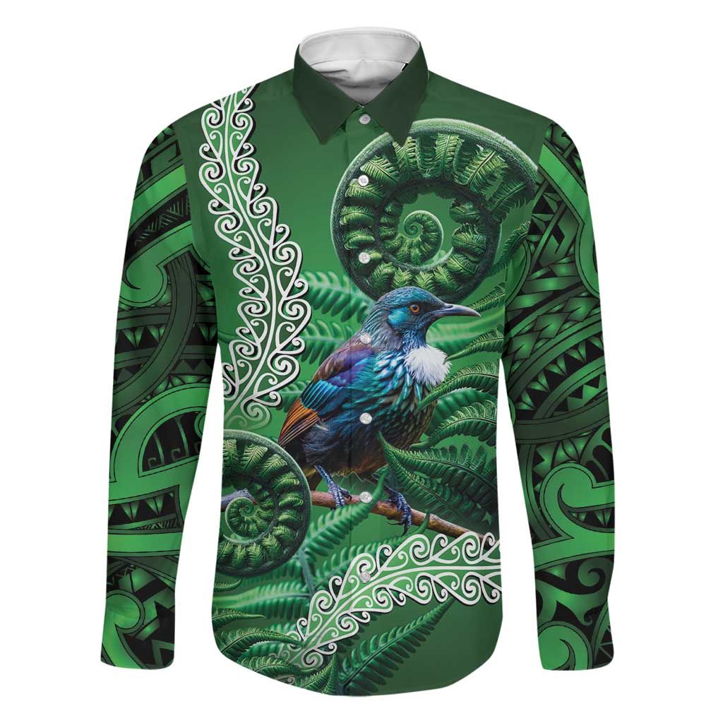 Tui Bird Koru Silver Fern Aotearoa Family Matching Off The Shoulder Long Sleeve Dress and Hawaiian Shirt LT9 Dad's Shirt - Long Sleeve Green - Polynesian Pride