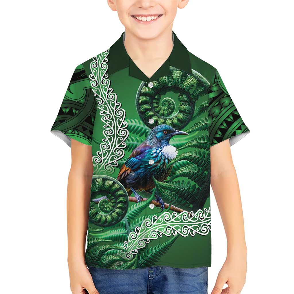 Tui Bird Koru Silver Fern Aotearoa Family Matching Off The Shoulder Long Sleeve Dress and Hawaiian Shirt LT9 Son's Shirt Green - Polynesian Pride