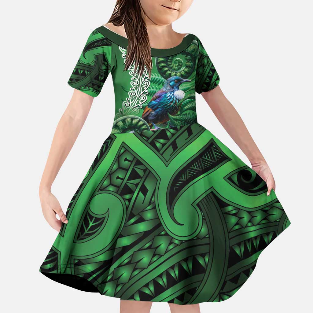 Tui Bird Koru Silver Fern Aotearoa Family Matching Puletasi and Hawaiian Shirt LT9 Daughter's Dress Green - Polynesian Pride