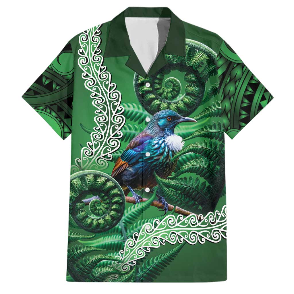 Tui Bird Koru Silver Fern Aotearoa Family Matching Puletasi and Hawaiian Shirt LT9 Dad's Shirt - Short Sleeve Green - Polynesian Pride