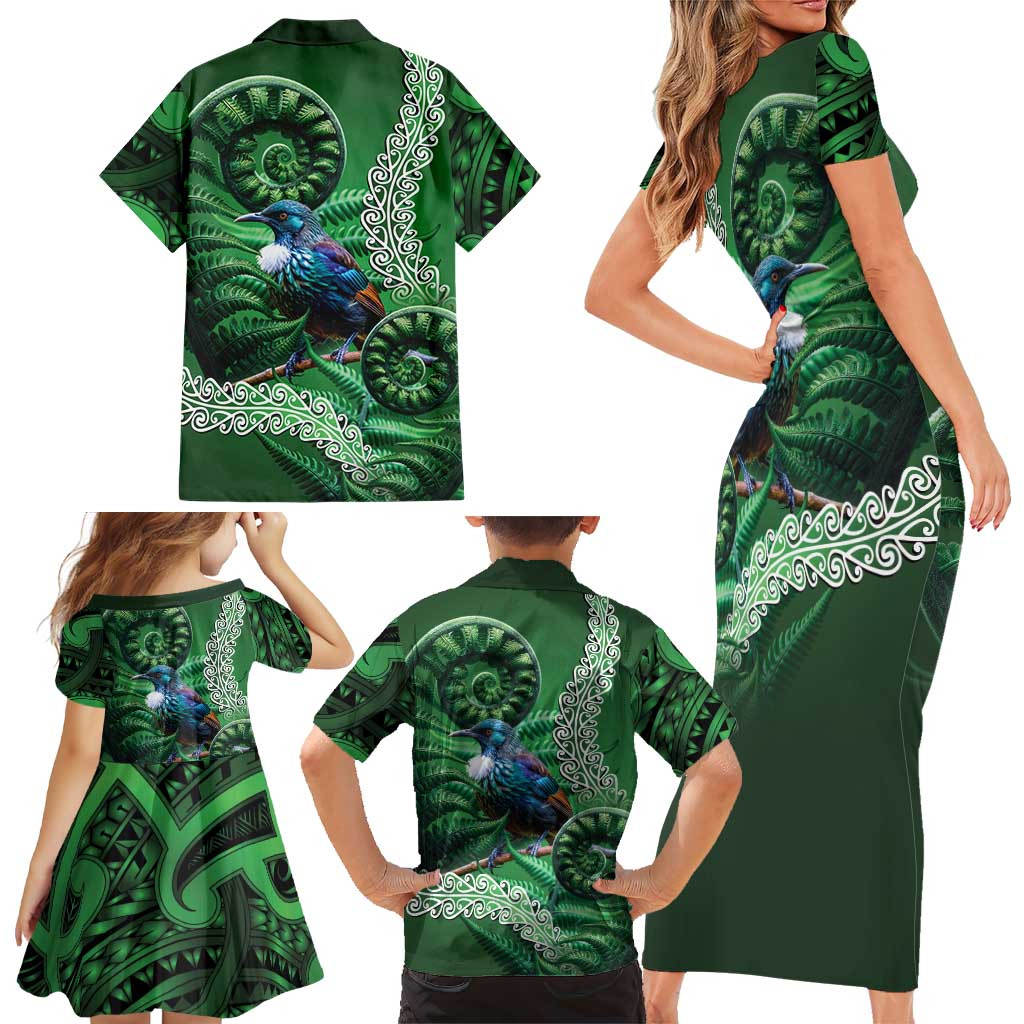 Tui Bird Koru Silver Fern Aotearoa Family Matching Short Sleeve Bodycon Dress and Hawaiian Shirt