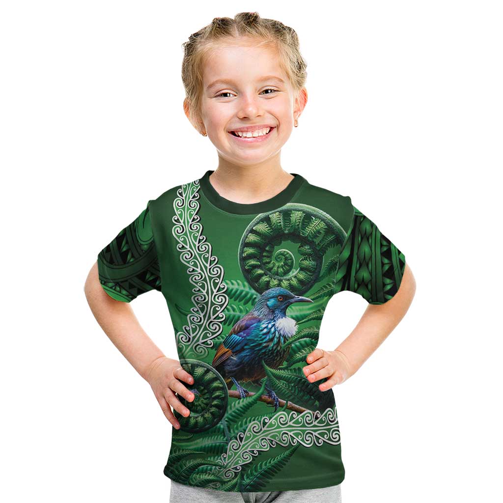 Tui Bird Koru Silver Fern Aotearoa Kid T Shirt LT9 Green - Polynesian Pride