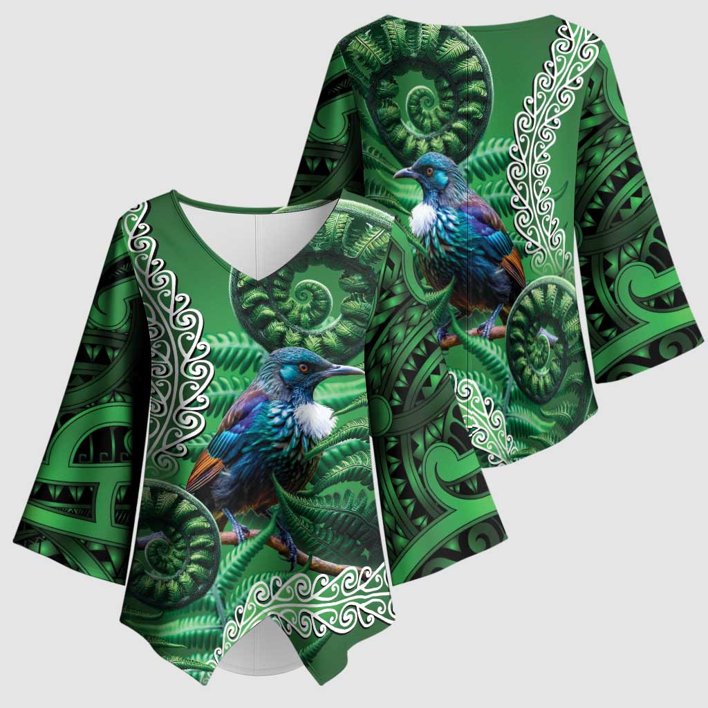 Tui Bird Koru Silver Fern Aotearoa Kimono Sleeve Blouse LT9 - Polynesian Pride