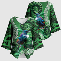 Tui Bird Koru Silver Fern Aotearoa Kimono Sleeve Blouse LT9 - Polynesian Pride