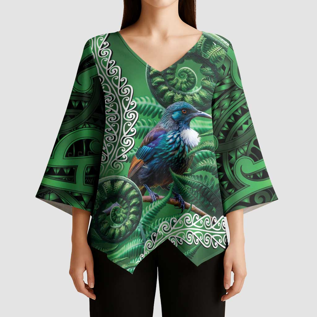 Tui Bird Koru Silver Fern Aotearoa Kimono Sleeve Blouse LT9 - Polynesian Pride