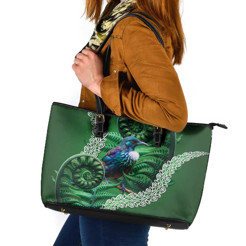 Tui Bird Koru Silver Fern Aotearoa Leather Tote Bag