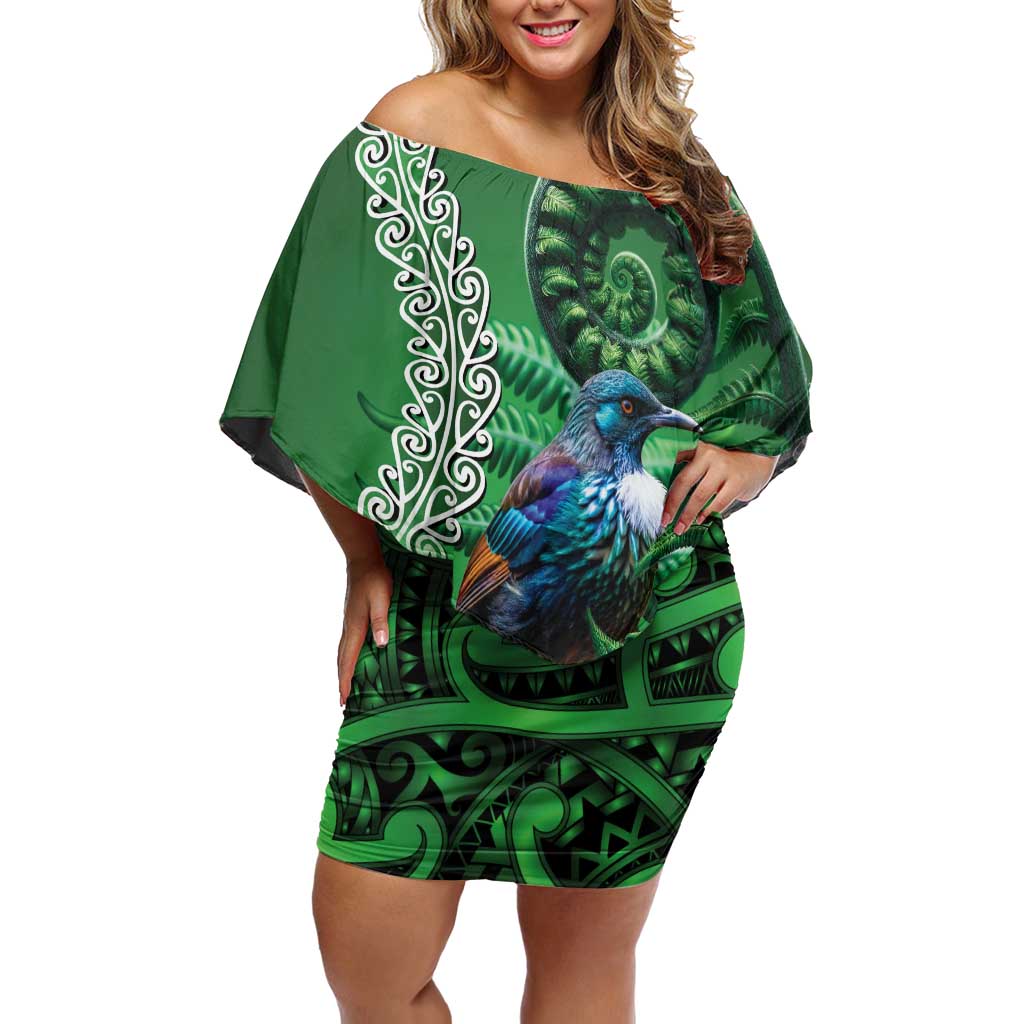 Tui Bird Koru Silver Fern Aotearoa Off Shoulder Short Dress