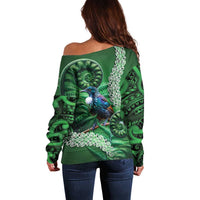Tui Bird Koru Silver Fern Aotearoa Off Shoulder Sweater