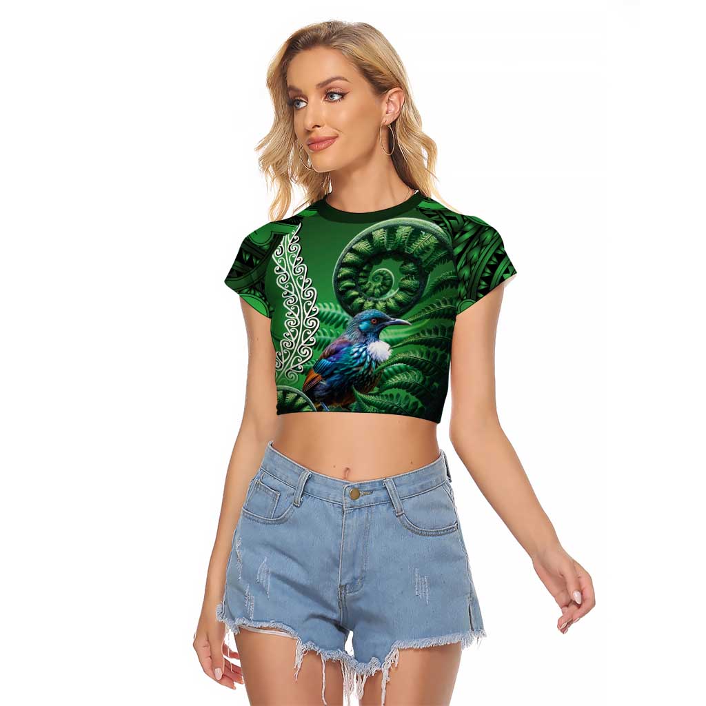 Tui Bird Koru Silver Fern Aotearoa Raglan Cropped T Shirt LT9 Female Green - Polynesian Pride