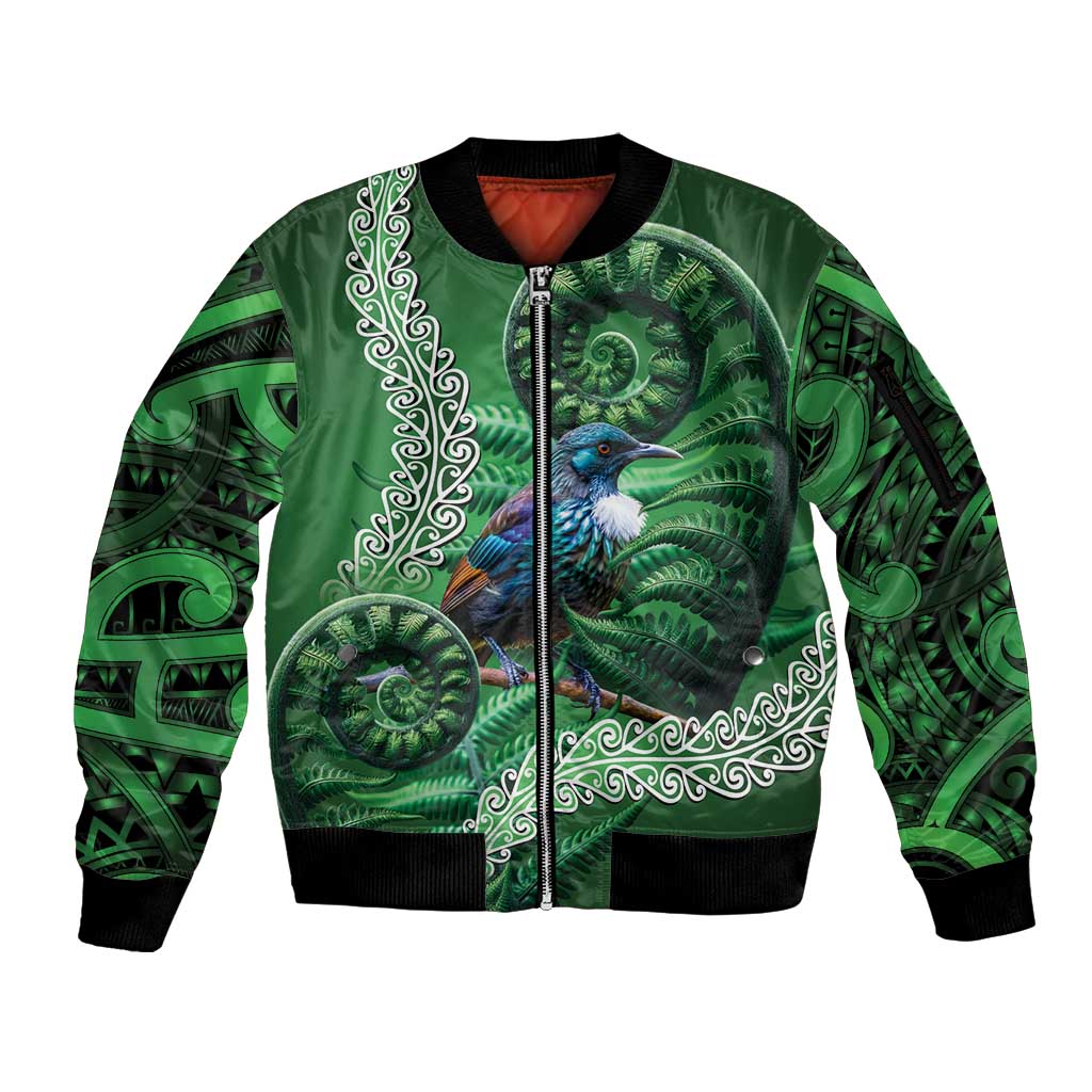 Tui Bird Koru Silver Fern Aotearoa Sleeve Zip Bomber Jacket LT9 Unisex Green - Polynesian Pride