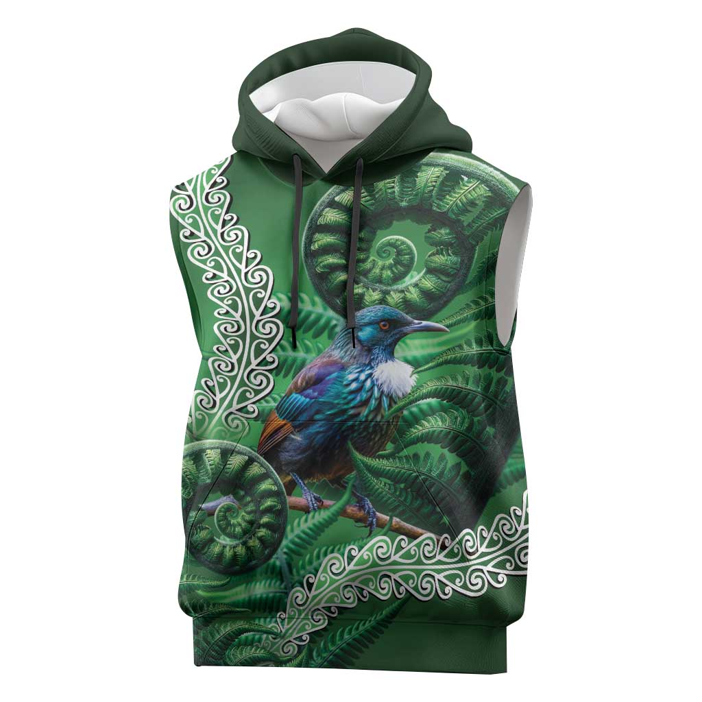 Tui Bird Koru Silver Fern Aotearoa Sleeveless Hoodie LT9 Green - Polynesian Pride