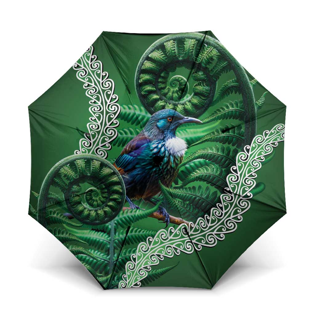 Tui Bird Koru Silver Fern Aotearoa Umbrella LT9 One Size Folded 11.42 inch Opened Diameter 37.4 inch Green - Polynesian Pride
